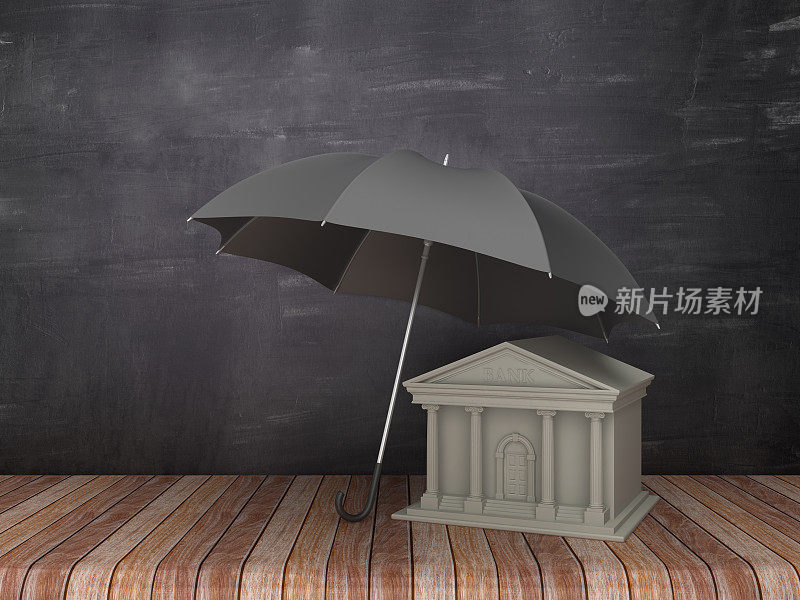 雨伞与银行大楼在木地板上-黑板背景- 3D渲染